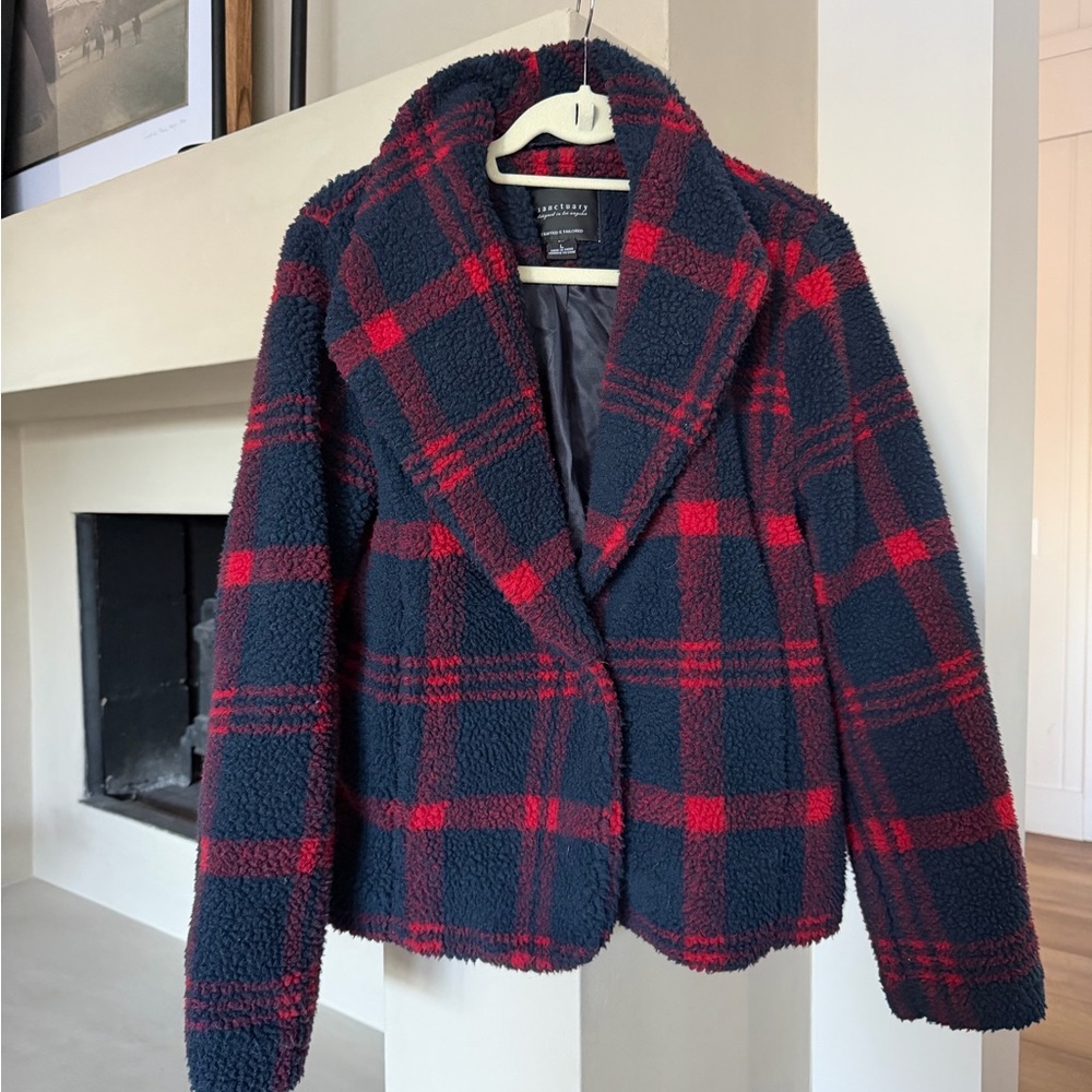 Women's Plaid Sherpa Jacket - Red and Navy